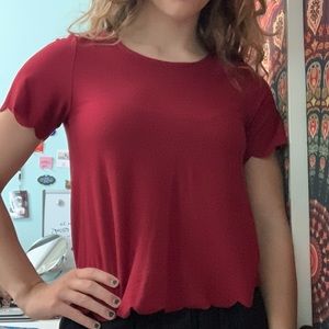 Red scallop cut shirt